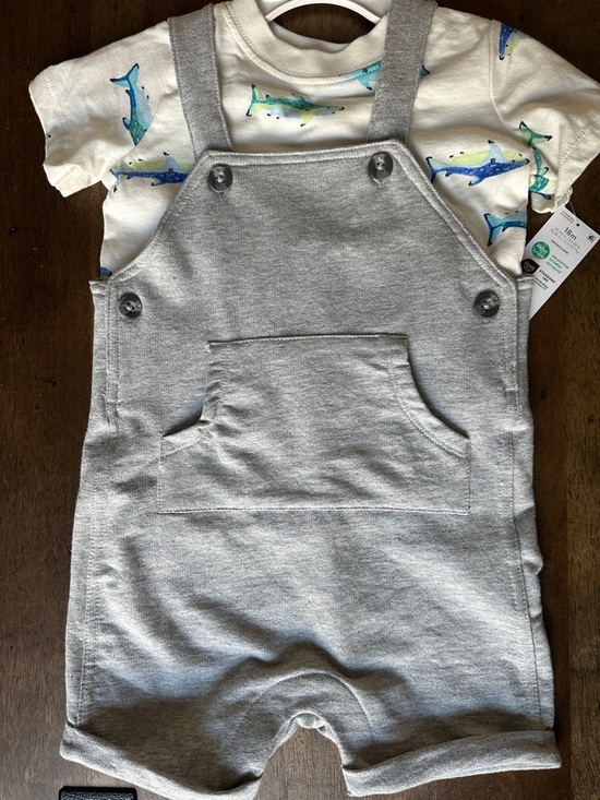 Carter's Other - Carter's Gray Short Sleeve Tee with Shark Print and Gray Overalls